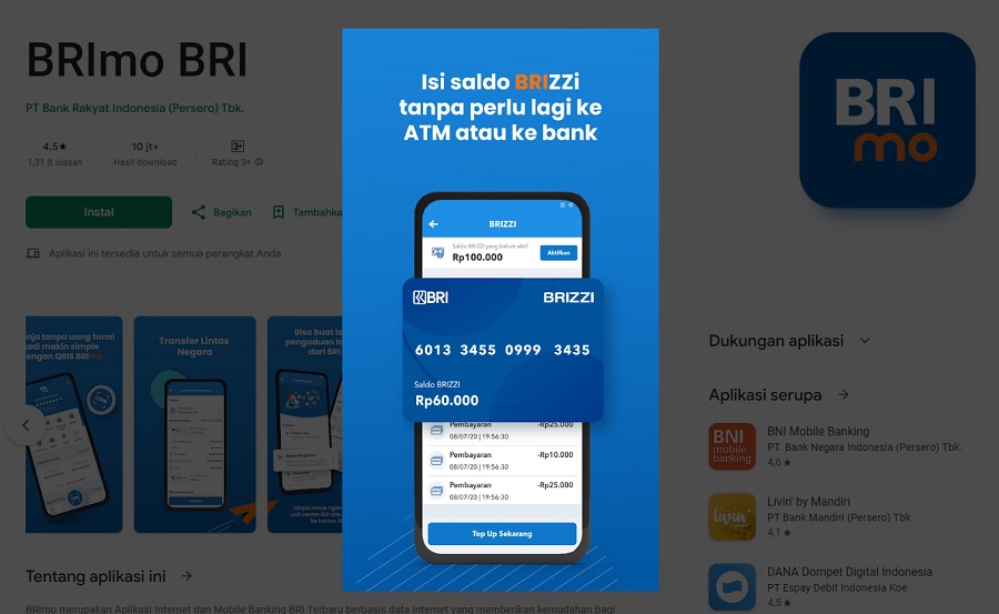 Harga Kartu BRIZZI, capture via Google Play Store, BRImo