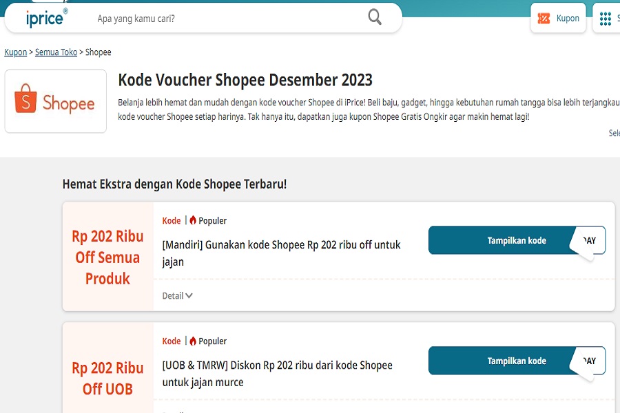 Kode Voucher Shopee, Capture via iPrice