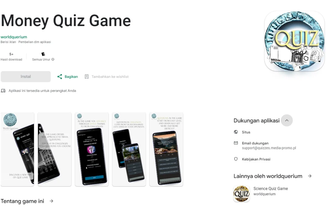 Aplikasi Kuis Berhadiah Uang, capture via Game Money Quiz di Google Play Store