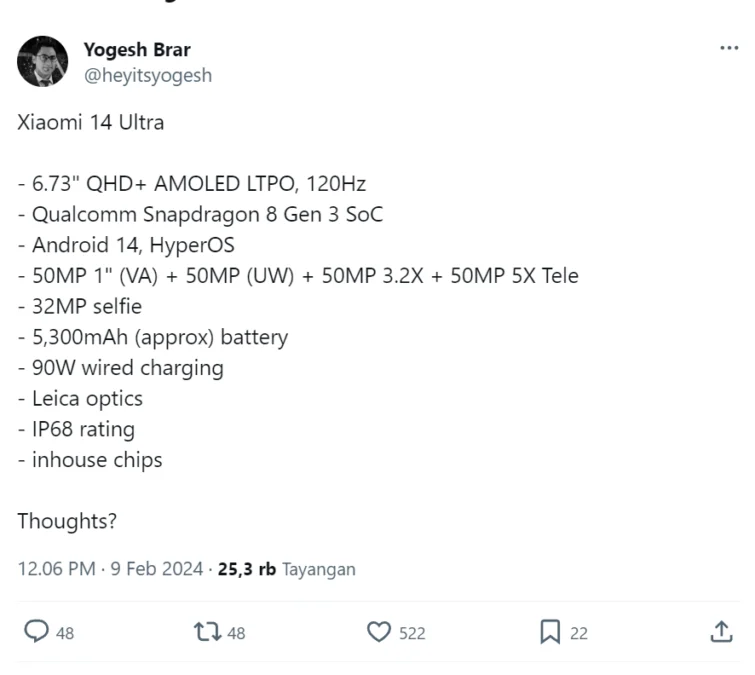 Bocoran Kamera Xiaomi 14 Ultra. Foto: Screenshot Twitter @Yogesh Brar