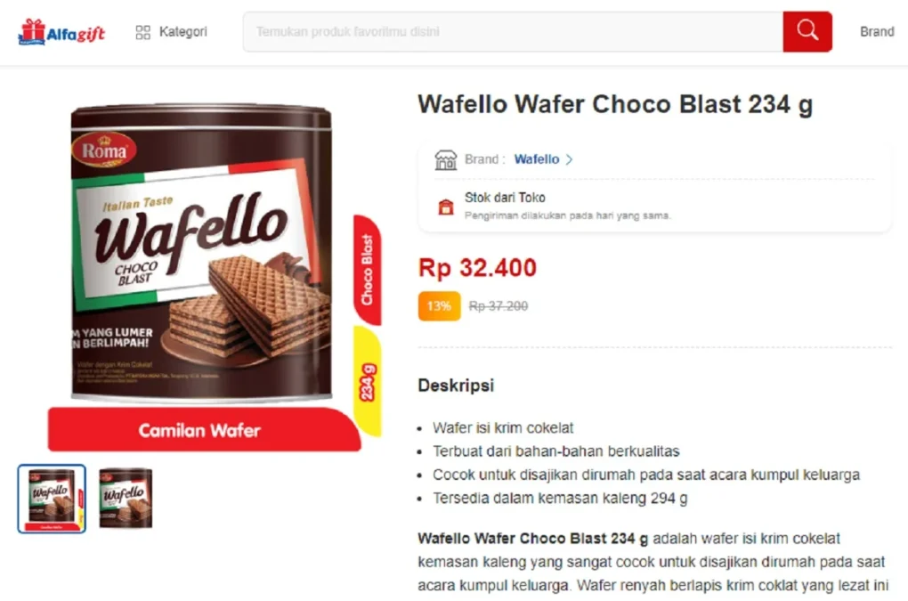 Harga Wafello Kaleng di Alfamart, via Alfagift,id