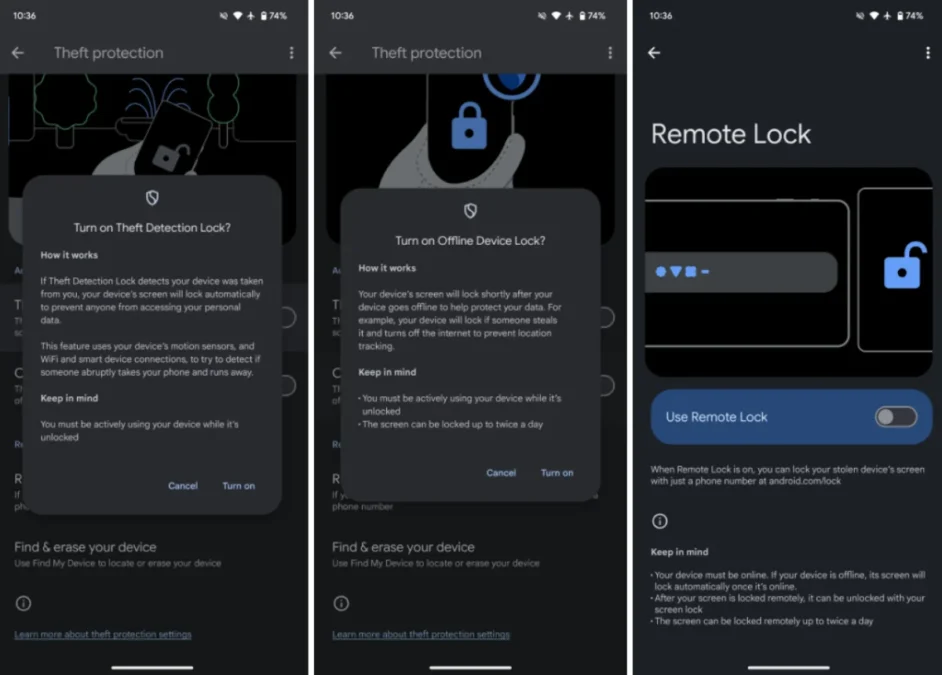 Theft Detection Lock, Offline Device Lock, dan Remote Lock