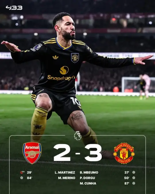 Man United Taklukan Arsenal 2-3, Naik ke Peringkat 4 Klasemen Sementara Hasil pertandingan tadi malam, King MU berhasil mengalahkan Arsenal